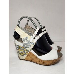 Clarks Cork Wedge Floral Leather Sandal Double‎ Strap Open Toe US 7.5D/5.5UK